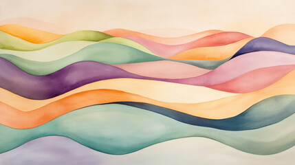Obraz premium A watercolor painting of an abstract landscape formed by fluid, colorful waves merging seamlessly