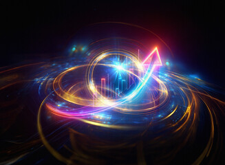 Fototapeta premium Abstract image depicting upward financial growth. Vibrant, glowing lines swirl around a rising arrow and bar graph, suggesting progress and positive momentum.