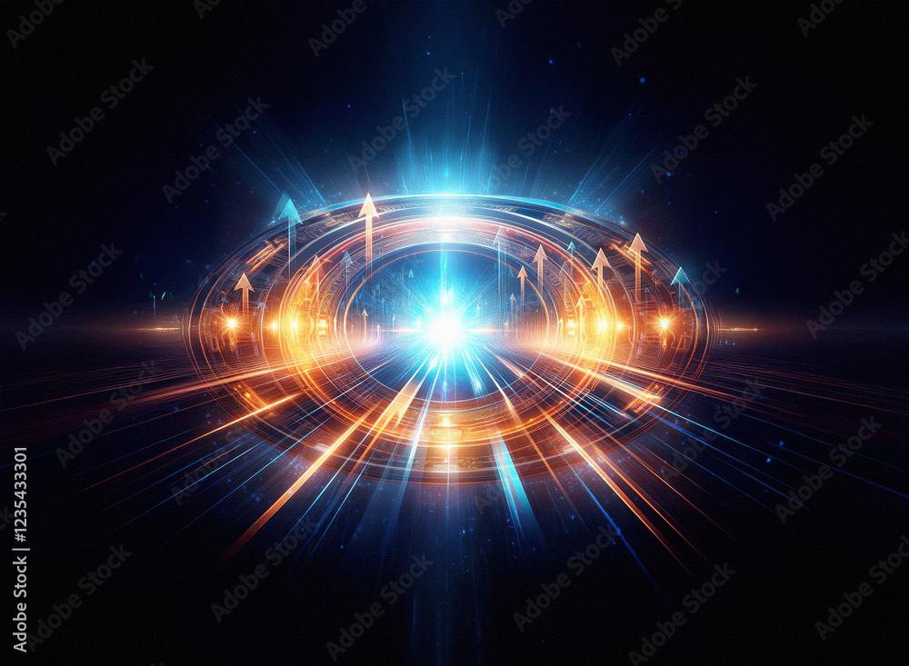 Aufkleber Abstract digital art depicting a glowing circular portal with upward-pointing arrows, suggesting technological advancement and progress.  Bright, dynamic energy flows outwards.