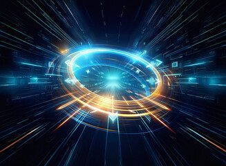 Obraz premium Abstract digital art depicting a glowing circular portal with radiating light streaks and arrows, suggesting technological advancement and rapid movement through cyberspace.