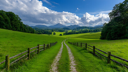 Scenic country road, green fields, mountain view, summer day, nature landscape, travel photography