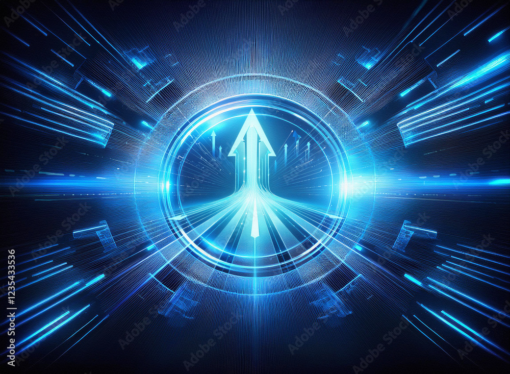 Aufkleber Abstract digital art depicts a glowing blue arrow pointing upward on a technological, futuristic highway.  It symbolizes progress, advancement, and rapid growth within a digital environment.