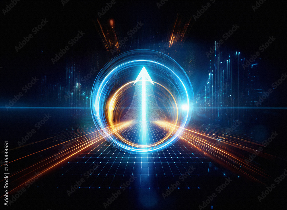 Poster a glowing blue and orange arrow ascends within a futuristic circular portal, set against a backdrop 