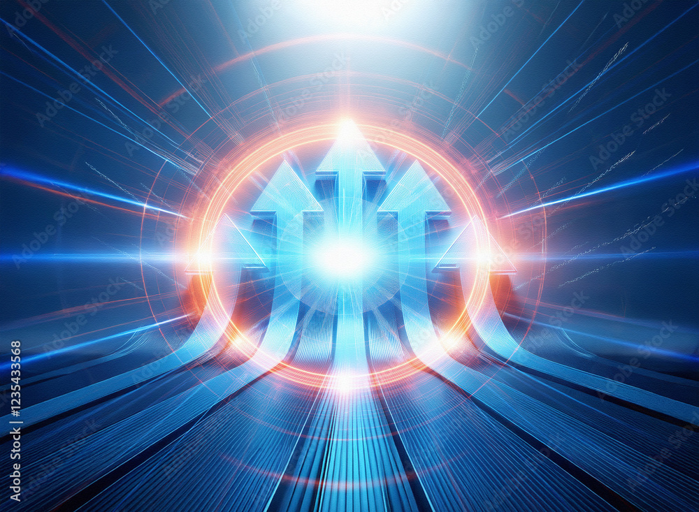 Poster abstract image of three glowing blue arrows converging at a bright light within a circular halo, set