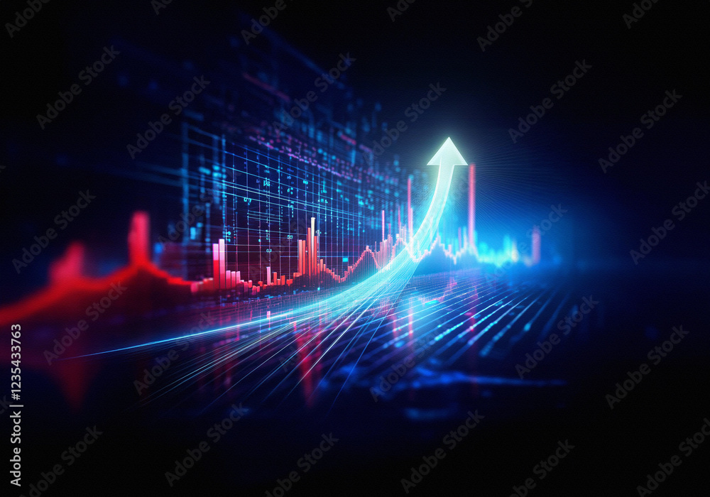 Poster A digital abstract background with a futuristic vibe, a red and blue color scheme, and bright glowing lines.