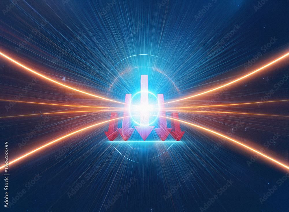 Aufkleber abstract digital artwork featuring three downward-pointing arrows converging at a bright central poi