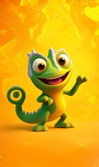 Fototapeta premium Happy chameleon posing against a vibrant orange backdrop, ideal for children's content