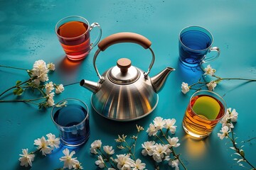 Creative Father's Day Gift Set with Tea Kettle and Vibrant Glasses on Aqua Canvas