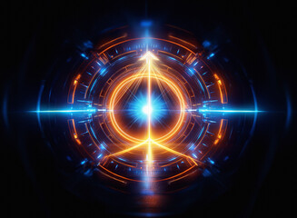 Obraz premium Glowing circular futuristic symbol with an upward-pointing arrow, encased in a technological frame. Intricate details and vibrant blue and orange hues create a sense of energy and power.