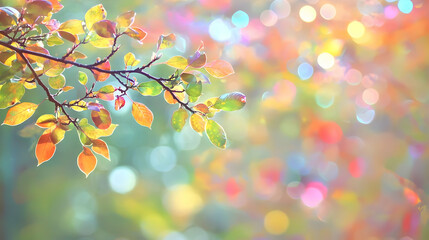 Fototapeta premium Vibrant autumn leaves glistening in sunlight with a colorful bokeh background