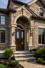 Fototapeta premium Luxurious Stone House Exterior: Stunning Architectural Design and Landscaping
