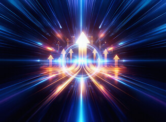 Obraz premium A vibrant, abstract image depicting a futuristic highway of light, with glowing arrows converging towards a central point, symbolizing rapid upward movement and progress.