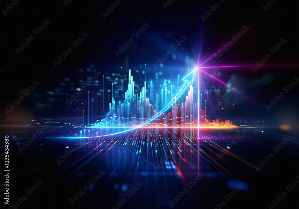 Fototapete Abstract graphic of a blue and red digital data visualization with a dark background.