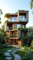Fototapeta premium A modern, sustainable house with a green roof and natural materials