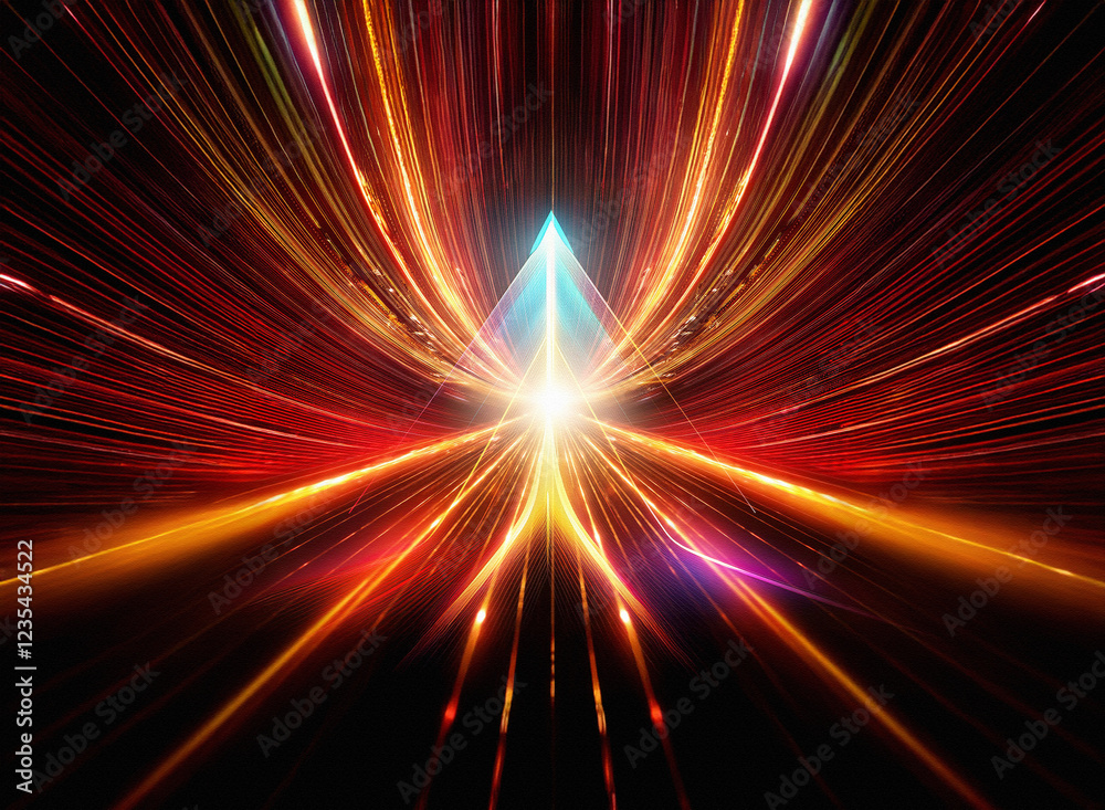 Poster a vibrant, symmetrical light show explodes from a central point, radiating streaks of red, orange, a
