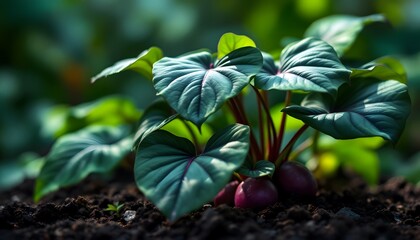 Close-up of Dioscorea alata showing its lush leaves and purple tubers - Represents growth and natural abundance - Perfect for agriculture or food-related content