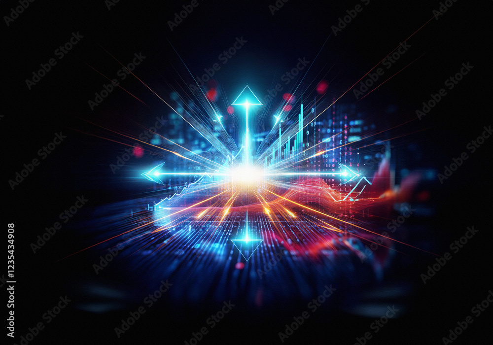 Poster abstract image depicting a futuristic cityscape with glowing arrows converging at a central point, s