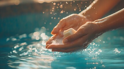 Fototapeta premium Hands washing soap in water outdoors