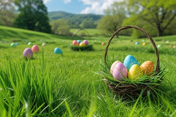 Fototapeta premium Lush Green Grass Meadow with Colorful Easter Eggs in a Sunny Landscape