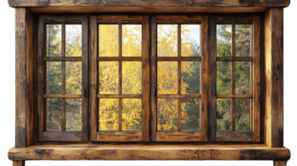 Rustic Cabin Window with Autumn View: A close-up of a rustic cabin window with multiple panes of glass showcasing an autumnal view through the window.