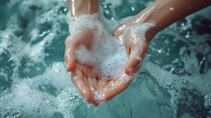 Fototapeta premium Hands cupping water and bubbles in a basin