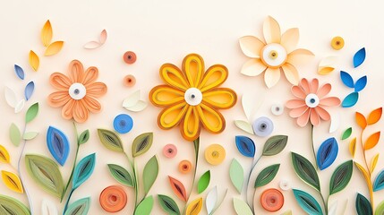 crafted colorful paper quilling techniques textured layers Colorful paper flowers on a light background.
