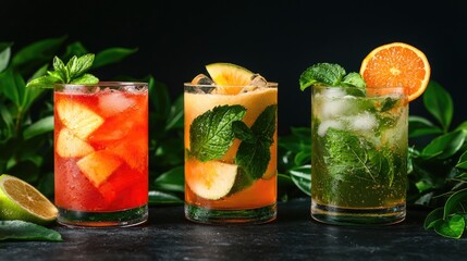 Refreshing summer cocktails with fruit and mint