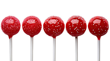 Red Velvet Cake Pops: Five perfectly aligned red velvet cake pops with white sprinkles, glistening under the light, on white sticks, ready to be devoured.