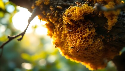 Closeup of a vibrant honeycomb teeming with bees, symbolizing community and hard work, suitable for nature, food, or environmental themed media