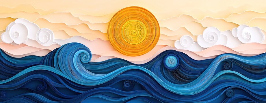 crafted colorful paper quilling techniques textured layers Vibrant sunset over rolling waves and clouds.