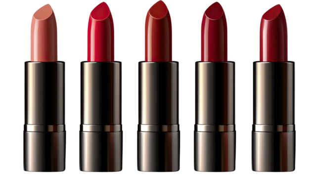 Lipstick Collection:  Five stylish lipstick tubes in various shades of red and nude, showcasing a range of beauty options for a glamorous look.
