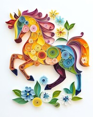 Fototapeta premium crafted colorful paper quilling techniques textured layers Colorful paper art of a galloping unicorn.