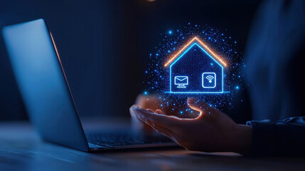 person holds digital hologram of smart home above laptop, symbolizing IoT integration and connectivity. glowing icons represent email and Wi Fi, highlighting modern technology in dark setting