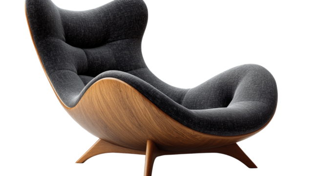 Contemporary Comfort: A sleek and modern armchair with a curved, sculpted silhouette features a soft, inviting gray fabric seat perched atop a sturdy wooden base, promising ultimate relaxation. 