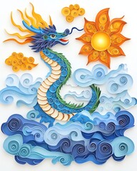 Obraz premium crafted colorful paper quilling techniques textured layers Vibrant dragon in swirling clouds and sun.