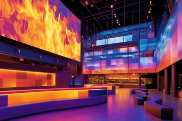Fiery LED wall nightclub interior, vibrant lighting, modern design, event space