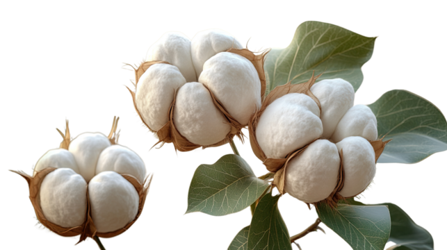 Cotton Blossoms: Close-up of fluffy cotton bolls bursting forth from their protective seed pods, showcasing the soft, white fibers and vibrant green leaves.  