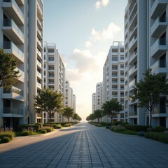 A serene urban landscape with modern high-rise buildings and a tranquil courtyard