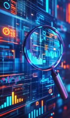 Magnifying glass analyzing digital data stream, charts, and graphs on a screen