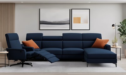 Fototapeta premium Modern blue sectional sofa with recliner in contemporary living room