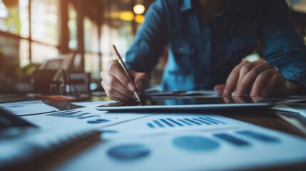 Focused Businessperson Analyzing Data on Tablet