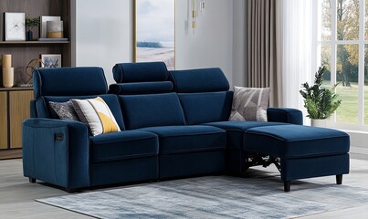 Fototapeta premium Modern blue velvet sectional sofa with chaise lounge in living room