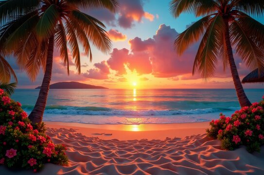 A serene tropical beach at sunset, with palm trees and vibrant flowers