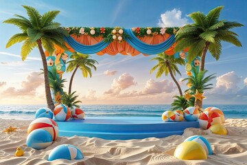 Obraz premium 3D Beach Scene Background for Festive Ocean Stage with Sand and Sky Features