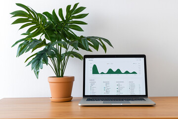 laptop displaying analytics dashboard with green graphs sits on wooden desk next to potted plant, creating modern workspace vibe