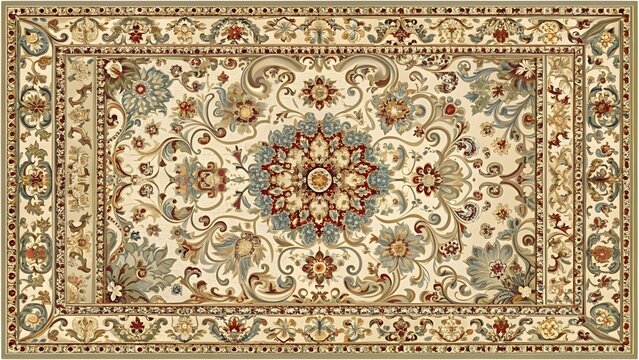 Classic, detailed oriental Persian rug design with floral pattern and soft colors.