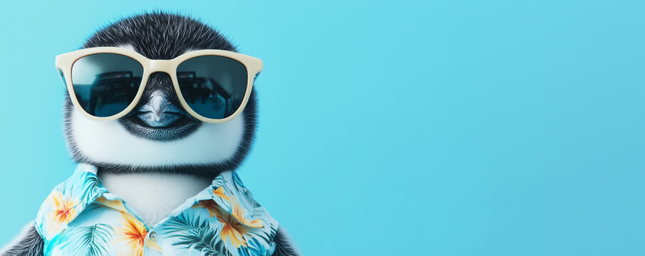 Charming baby penguin with oversized sunglasses and floral shirt on a cyan background