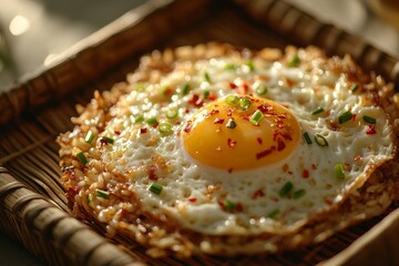 Sunny-side up egg on fried rice, wooden tray, kitchen