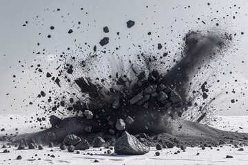 Fototapeta premium Dynamic Eruption of Black Mineral Dust and Shrapnel on a White Background
