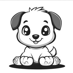 A cute simple chibistyle kawaiiinspired clean blackandwhite vector line drawing of an adorable puppy sitting on the ground with its paws in front showing its toes isol